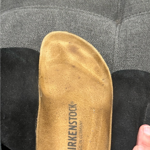 Birkenstock Black Suede Slides with Tan Footbed - Picture 2 of 7